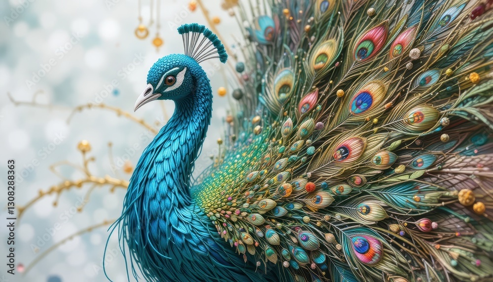 Fototapeta premium Exquisite Peacock Artwork Detailed Feathers Colorful Bird Elegant Nature