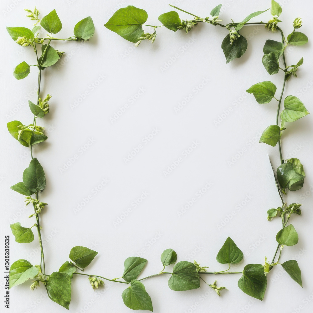 decorative frame made of green leaves and small flowers on light background, perfect for nature themed designs decorative frame made of green leaves and small flowers on light background, perfect for nature themed designs