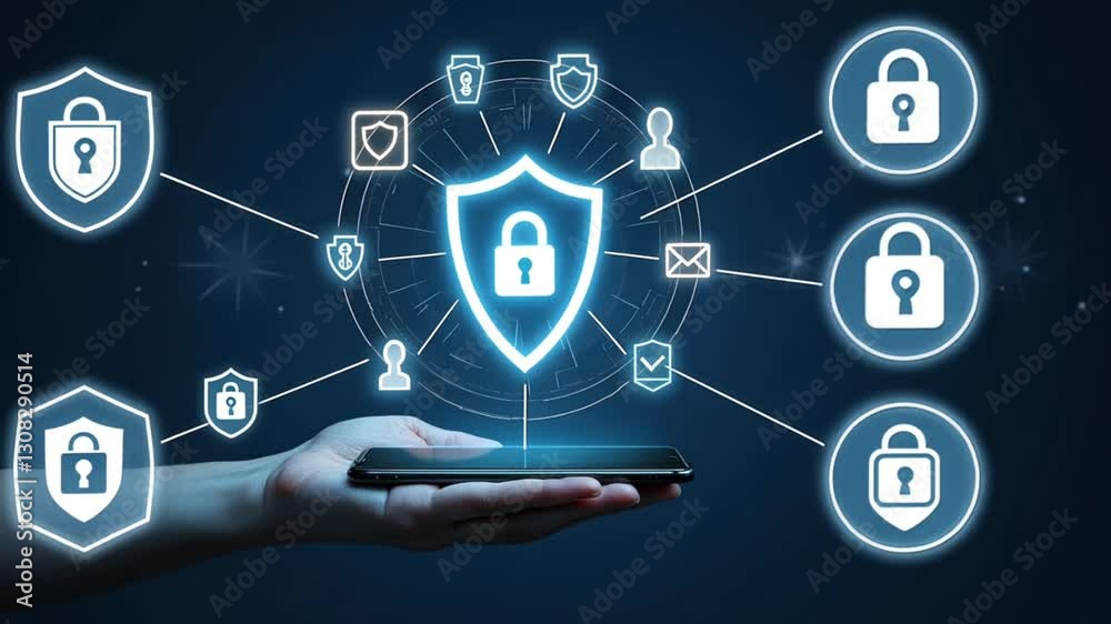 Cyber Security Protection Network with Digital Shield and Lock Icon on Mobile Device, Secure Data and Internet Safety Concept