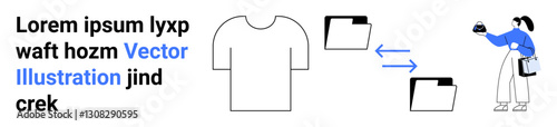 Digital file transfer between two folders shown with arrows, a minimalist t-shirt outline, and a person holding a coffee cup. Ideal for tech, workflow, creativity, digital design, teamwork