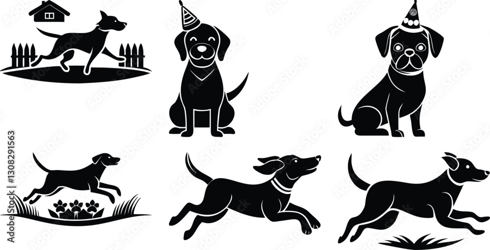 Black and White Dog Silhouettes: Vector Graphics of Playful Pups, Party Dogs, and Running Canines for Design and Illustration Projects Black and White Dog Silhouettes: Vector Graphics of Playful Pups, Party Dogs, and Running Canines for Design and Illustration Projects