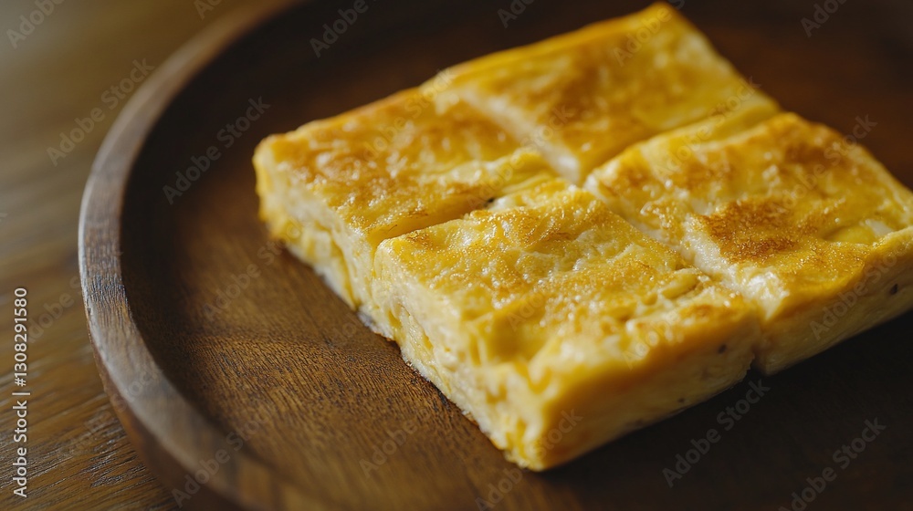Golden Egg Squares on Wooden Plate: Delicious Breakfast Treat Golden Egg Squares on Wooden Plate: Delicious Breakfast Treat