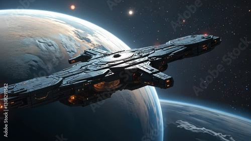 Wallpaper Mural  Space battleship hovering near a planet with a starry sky in the background creating an epic space opera moment Torontodigital.ca