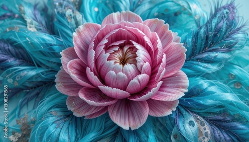Exquisite Pink Flower Blossom on Teal Feather Background Floral Art Design
