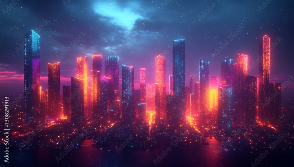 Futuristic Urban Landscape with Glowing Buildings Under a Starry Sky : Generative AI Futuristic Urban Landscape with Glowing Buildings Under a Starry Sky : Generative AI