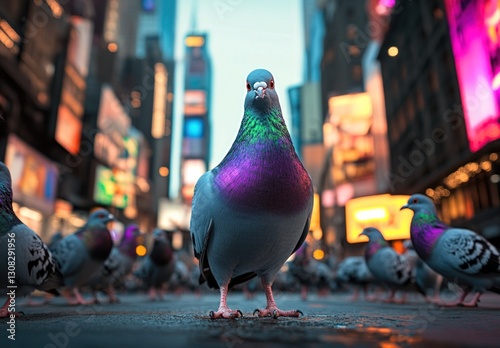Pigeon in the heart of Times Square, New York City.  A bold pigeon stands out from a flock in the bustling city center at twilight, framed by vibrant advertising displays.