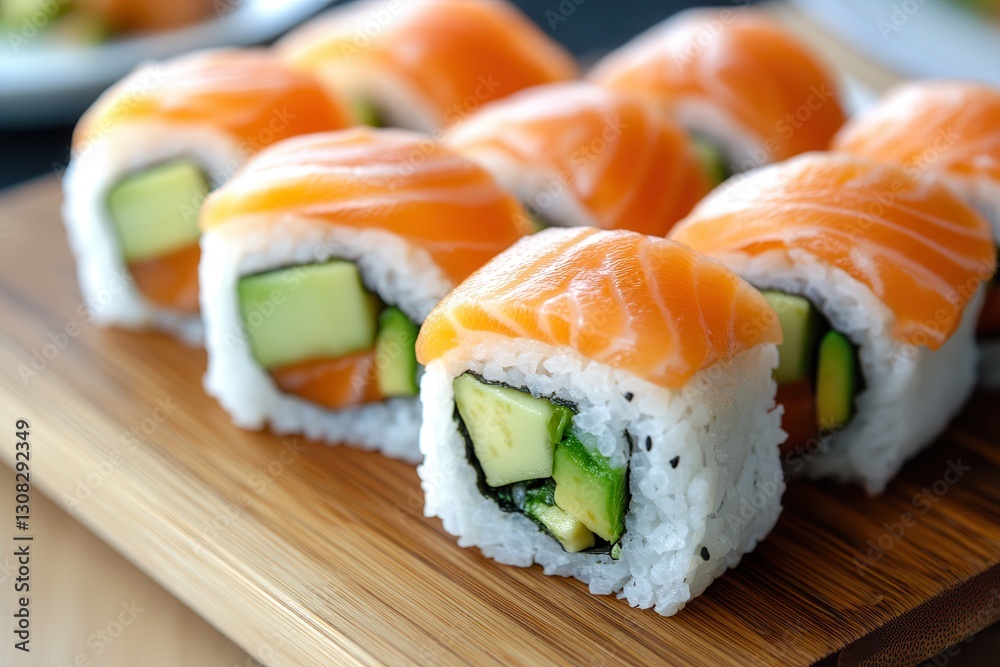 Fresh salmon and avocado sushi rolls on a wooden board Fresh salmon and avocado sushi rolls on a wooden board