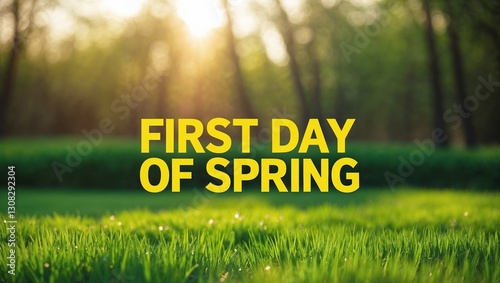 First Day of Spring, Poster with Text, grass and nature bokeh background