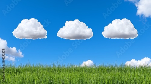 Three White Clouds Over Green Field Under Blue Sky