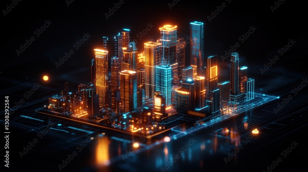 Fototapeta premium Vibrant cityscape at night showcasing illuminated buildings, streets, and skyscrapers under a dark starry sky