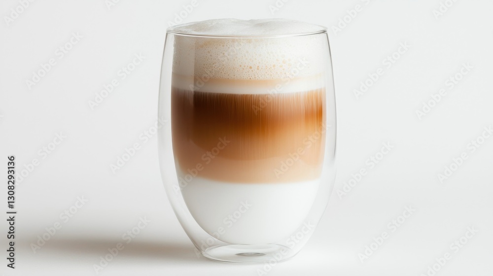 A warm, inviting latte macchiato with perfectly layered textures in a double-wall glass, elegant and modern coffee styling, white background A warm, inviting latte macchiato with perfectly layered textures in a double-wall glass, elegant and modern coffee styling, white background