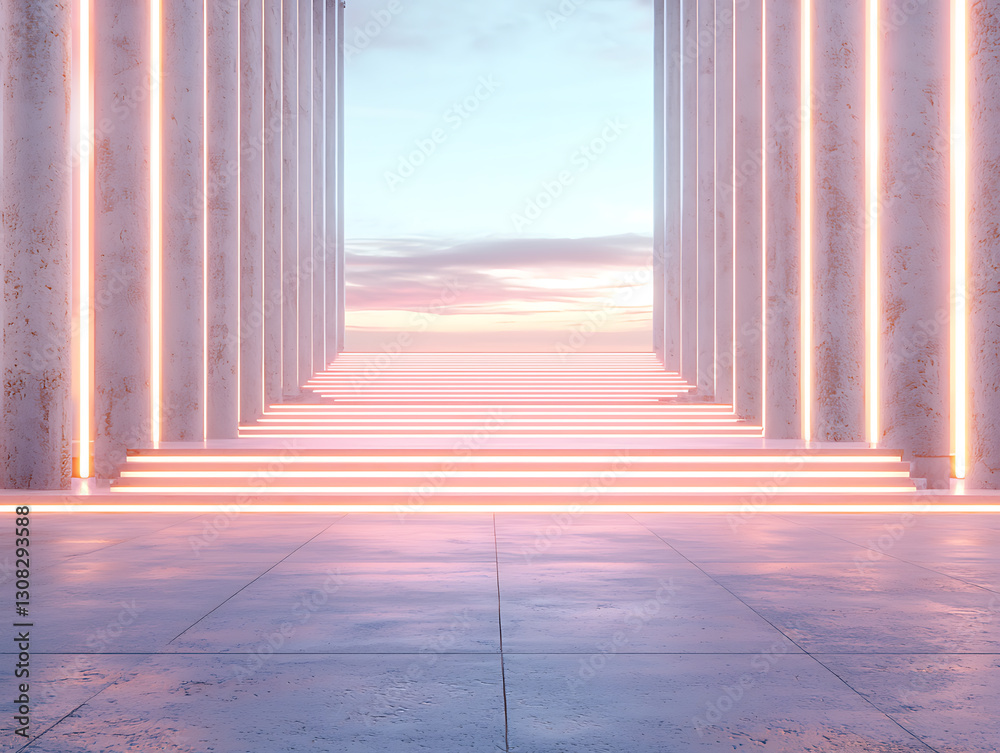 Illuminated pathway between columns serene environment digital art calm atmosphere perspective of tranquility Illuminated pathway between columns serene environment digital art calm atmosphere perspective of tranquility