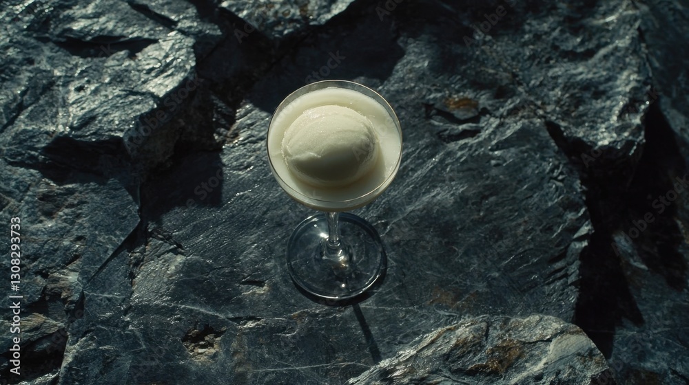 Fototapeta premium Top-down view of a frozen sorbet dessert in an elegant glass, served on a dark stone table, minimalist and moody aesthetic