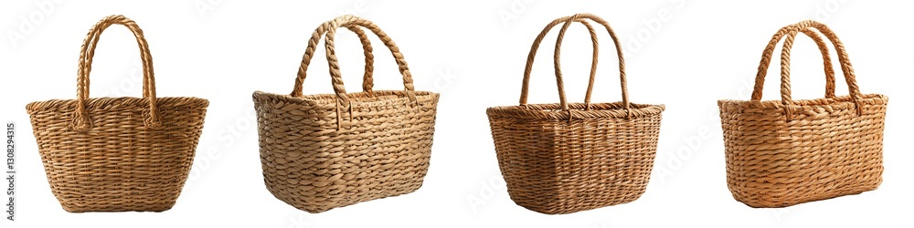 Fototapeta premium Collection of Handwoven Straw Handbag with Handles Isolated on Transparent Background