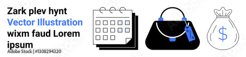 Calendar, handbag with sale tag, and money bag icon representing scheduling, shopping, budgeting, sales, fashion, or planning. Ideal for retail e-commerce fashion budgeting sales promotion
