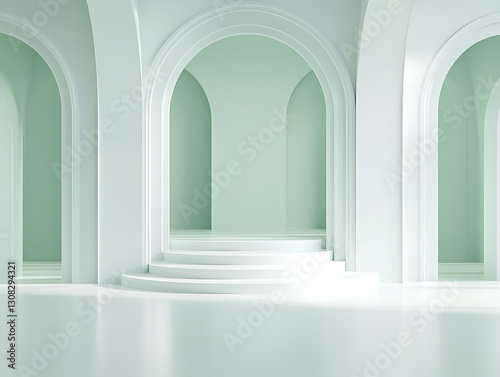 Elegant architectural arches in minimalist green space interior design modern aesthetics calm environment wide angle view