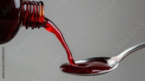 Liquid medicine pouring from bottle into a silver spoon, showcasing the vibrant red color, smooth texture, and dietary health benefits of syrup formulations photo