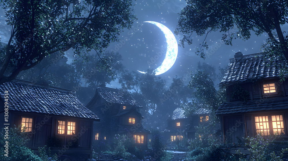 Fototapeta premium A beautiful moonlit village scene with houses and trees