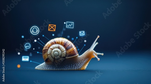 Conceptual illustration of a snail with digital icons and symbols representing communication, technology, and slow progress against a dark background