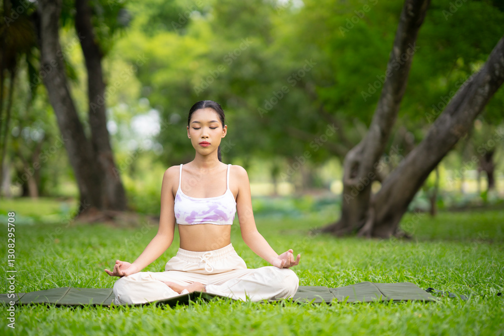 Young Asian healthy woman in sport bra and long pants do meditation at summer park. Beautiful woman doing yaga. Feel fresh air of nature with relaxing. Young Asian healthy woman in sport bra and long pants do meditation at summer park. Beautiful woman doing yaga. Feel fresh air of nature with relaxing.
