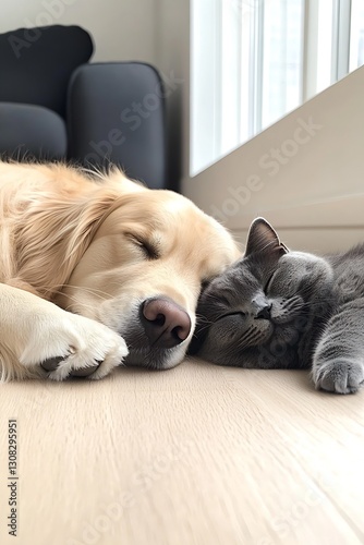 Charming Golden Retriever and Gray Cat Nestling Together in a Serene Living Room : Generative AI photo