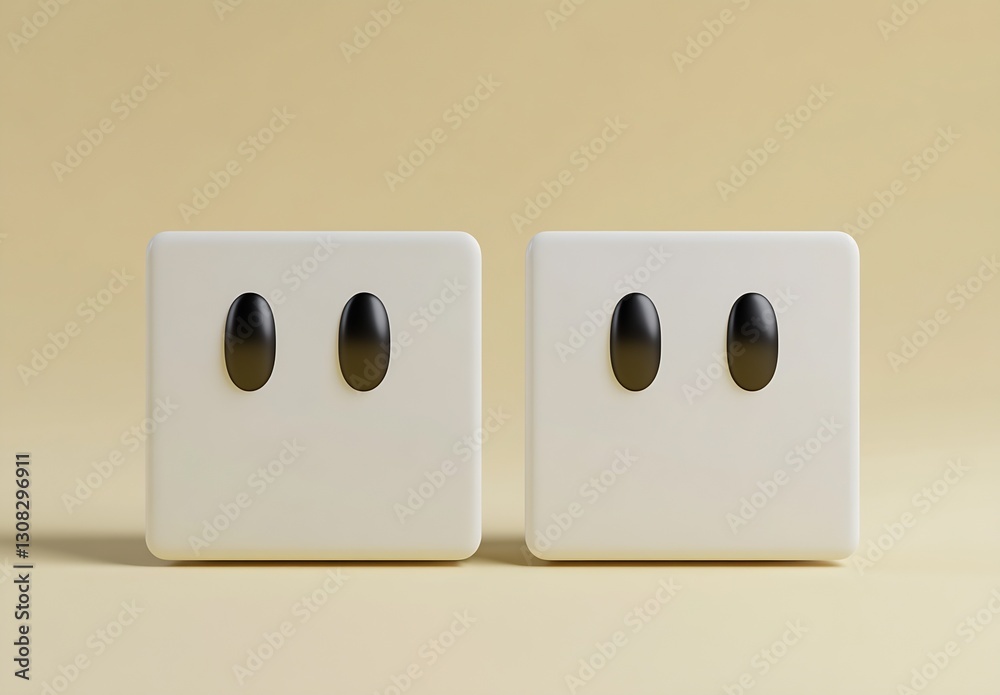 Two Black Dot Eyed White Power Sockets on a Yellow Background : Generative AI Two Black Dot Eyed White Power Sockets on a Yellow Background : Generative AI