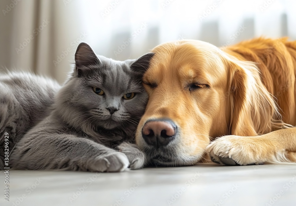 Adorable Cat and Dog Snuggling Together on Soft Floor in Natural Light : Generative AI