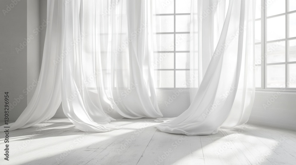 Obraz premium Soft White Curtains Draped Elegantly in Bright Sunlit Room with a Clean Minimalist Design and High-Quality Natural Light Streaming Inside
