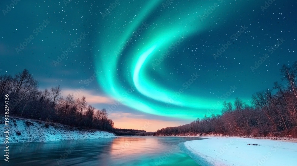 Naklejka premium Aurora Borealis Magical Winter Night Sky over Frozen River