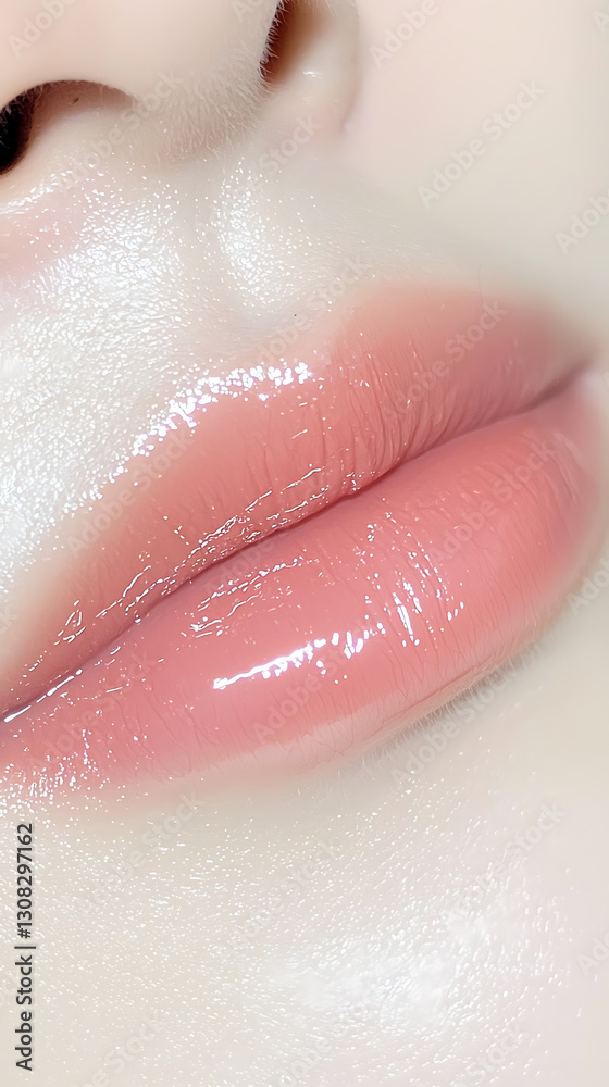 Fototapeta premium Close-up of glossy lips beauty product showcase indoor setting soft lighting cosmetic photography for makeup enthusiasts