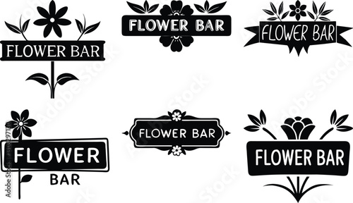 Black & White Flower Bar Logo Set: Vector Graphics, Floral Design Elements for Business Branding, Signage & Decoration Templates