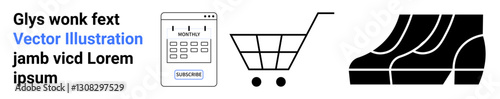 Mobile screen for payment confirmation, shopping cart, and black footwear representing online shopping. Ideal for e-commerce, payments, shopping, fashion, retail, marketing technology flat landing