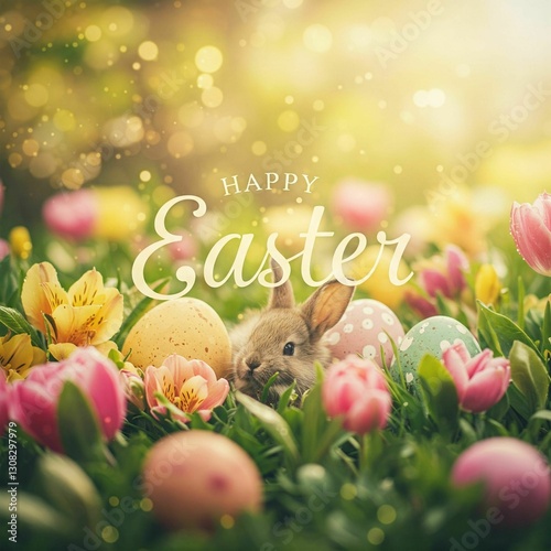Easter Christian Background with Flowers and Eggs – Perfect for Religious Cards, Church Decorations, and Faith-Based Events