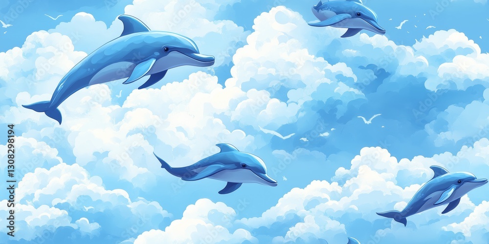 Fototapeta premium Dolphins in the Clouds: Sky Dreamscape Illustration