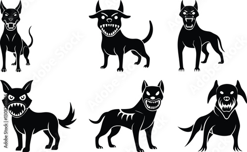 Black Cartoon Dog Illustrations: Aggressive, Guard Dog Clipart Vector Set for Graphic Design & Halloween Projects