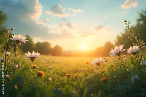 White Flowers Blooming at Sunset in a Green Field