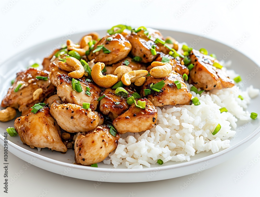 Savory Honey Garlic Chicken Served with Steamed Rice and Cashews : Generative AI Savory Honey Garlic Chicken Served with Steamed Rice and Cashews : Generative AI