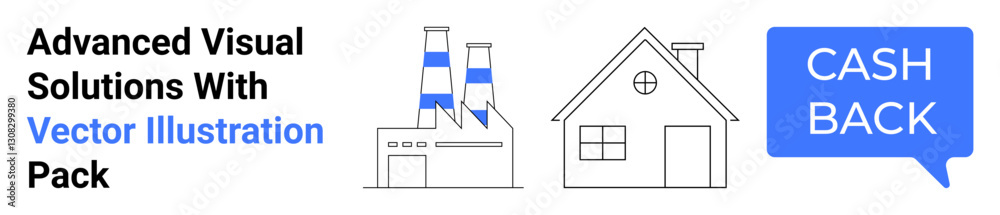 Factory with chimneys, simple house outline, and blue Cash Back speech bubble. Ideal for advertising, e-commerce, promotions, industrial services, real estate, marketing flat landing page banner Factory with chimneys, simple house outline, and blue Cash Back speech bubble. Ideal for advertising, e-commerce, promotions, industrial services, real estate, marketing flat landing page banner