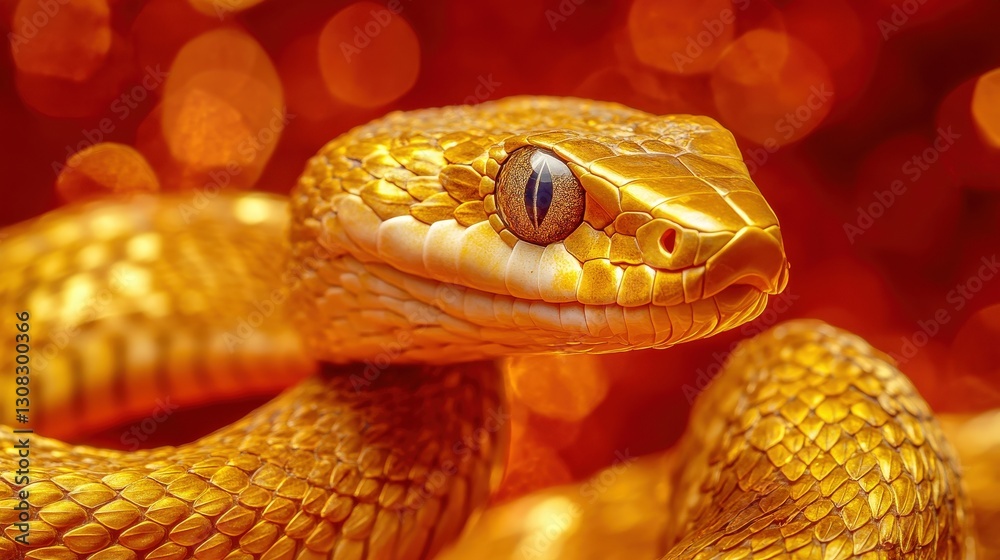 Obraz premium Golden serpent head with detailed scale patterns gazes right against a vivid crimson backdrop
