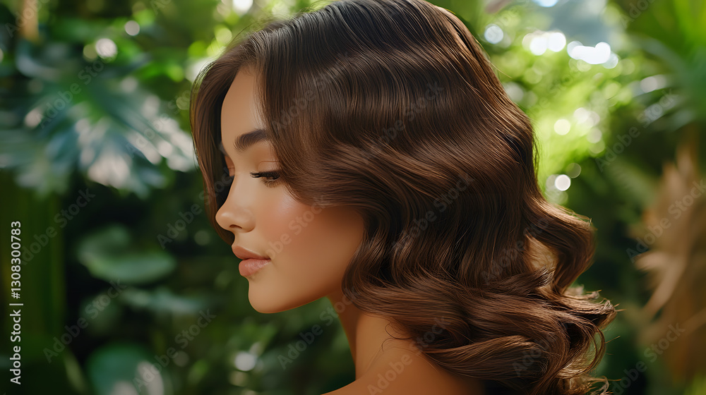 woman with wavy brown hair stands against lush green background, showcasing her serene profile. natural setting enhances elegance of her hairstyle woman with wavy brown hair stands against lush green background, showcasing her serene profile. natural setting enhances elegance of her hairstyle