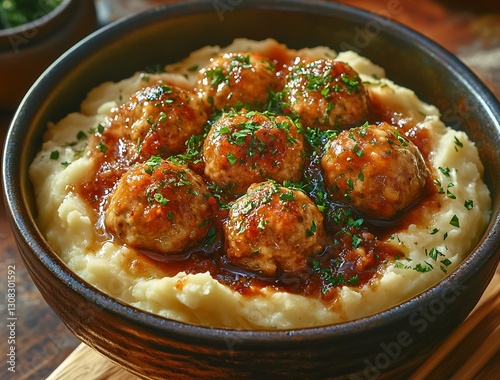 Savory Meatballs on Creamy Mashed Potatoes in Dark Bowl : Generative AI