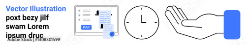 Online payment form, clock, and open hand highlighting themes thumbs up transactions, time, assistance, technology, financial management, efficiency and trust. Ideal for fintech productivity