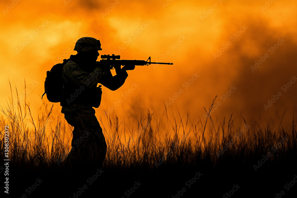 Silhouette of a Soldier Firing a Weapon – Tactical Combat Scene Silhouette of a Soldier Firing a Weapon – Tactical Combat Scene