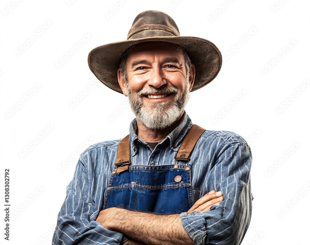 Cheerful Elderly Man With Beard And Hat Posing Proudly In Overalls Against White Background : Generative AI Cheerful Elderly Man With Beard And Hat Posing Proudly In Overalls Against White Background : Generative AI