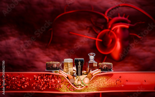 Hyperlipidemia or arteriosclerosis. Blocked artery concept and human blood vessel as a disease with cholesterol fat . Clogged arteries, Cholesterol plaque. Fast food, junk food. 3d rendering