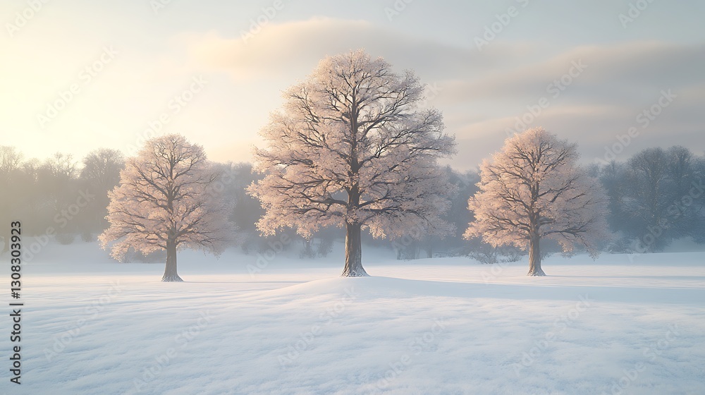 Snowy winter landscape with frost-covered trees. Peaceful sunrise scene. Potential use for greeting card, wallpaper Snowy winter landscape with frost-covered trees. Peaceful sunrise scene. Potential use for greeting card, wallpaper