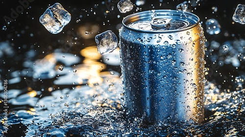 Sparkling aluminum can with ice cubes splashing