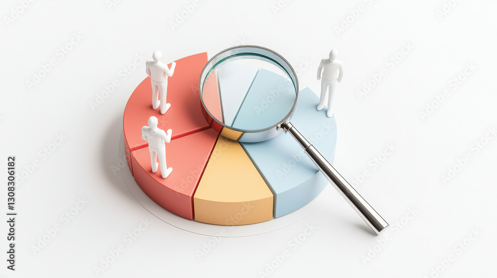 3D pie chart with figures and magnifying glass 3D pie chart with figures and magnifying glass