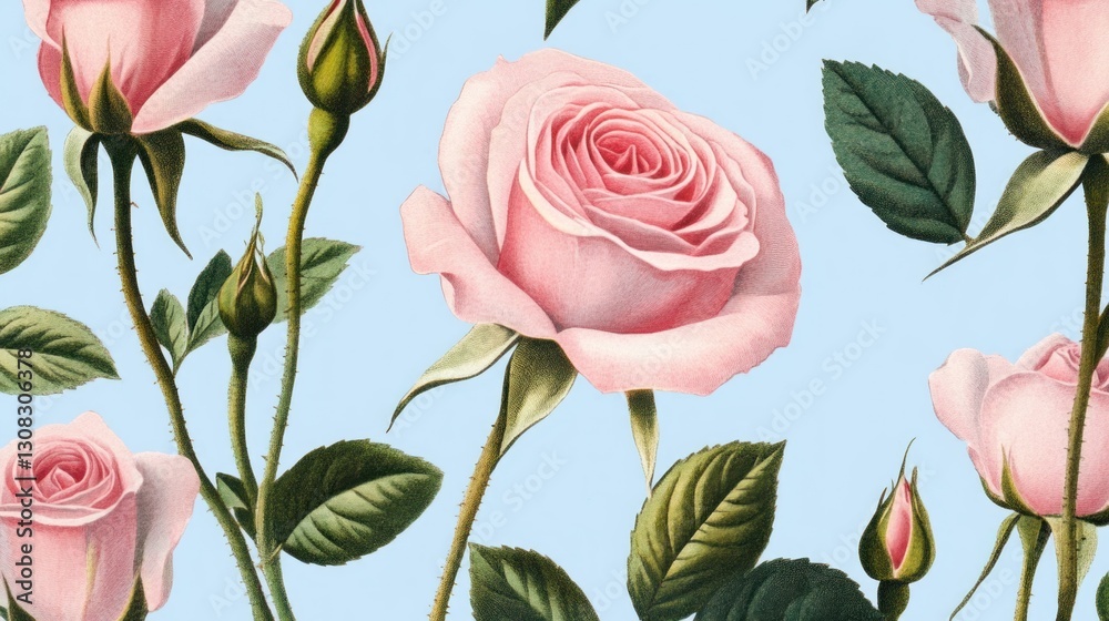 Fototapeta premium Pink roses floral seamless pattern, light blue background, romantic design, website texture