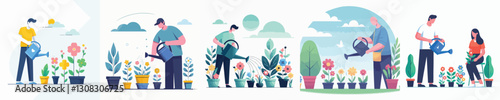 Vector of a person watering flowers.
